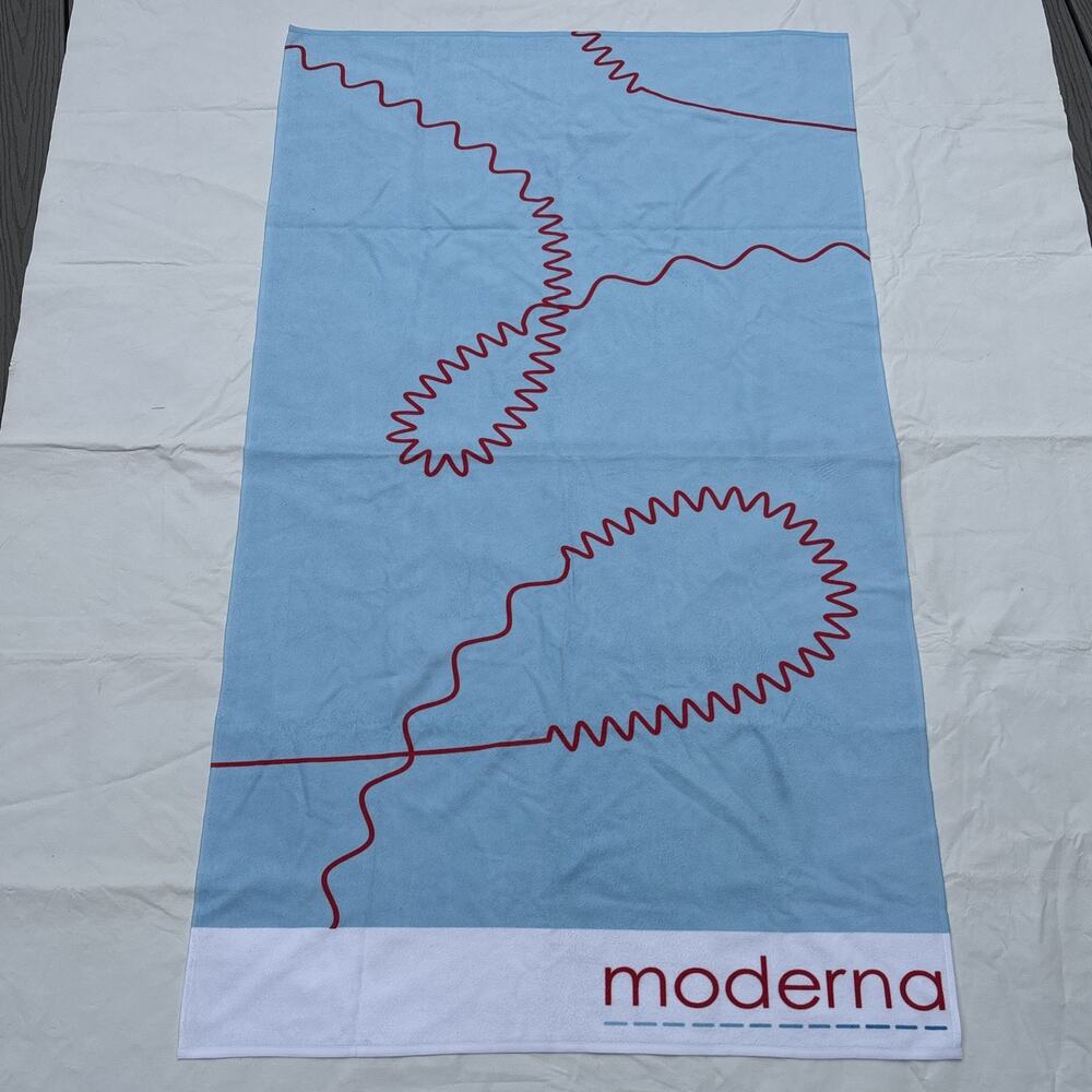 Moderna Bath Beach Towel Pharmaceutical Pharma Promo 34x58” Preowned - Picture 2 of 8